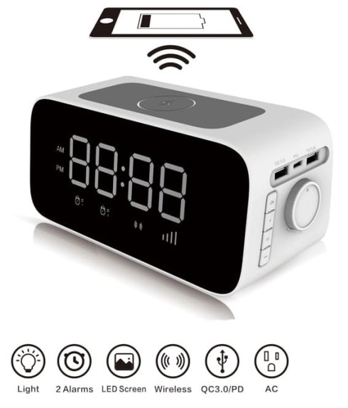 Ceas cu alarmă + încărcător wireless 10W + baterie 2200 mAh cu ieșire USB A și USB C 5V