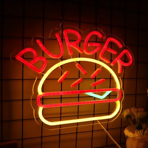 Burger - Logo e reklamës me shenjë neoni me dritë LED me dritë