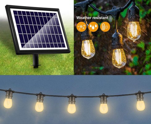 Světelný řetěz na terasu - LED solární na baterky s Bílé LED žárovky 15ks + 9m kabel + IP65