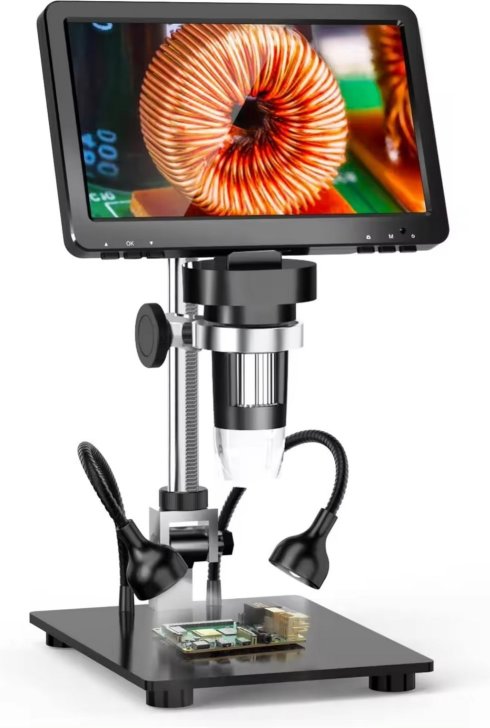 Microscópio Zoom 1200x digital com luzes LED ajustáveis + suporte + display de 7"