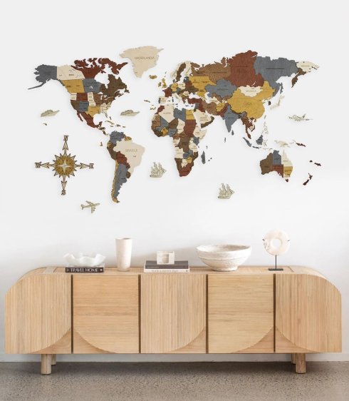 Mapa del mundo en madera 3D 4D - Mapa de viaje de madera para pared - Decoración multicolor 150x75cm - INDIGO