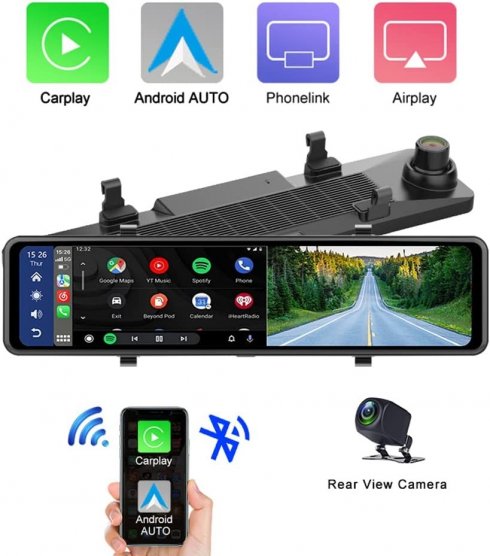 Autokamera ve zpětném zrcátku WiFi + Bluetooth + 11 displej + couvací  kamera + podpora (Android auto / Carplay iOS)