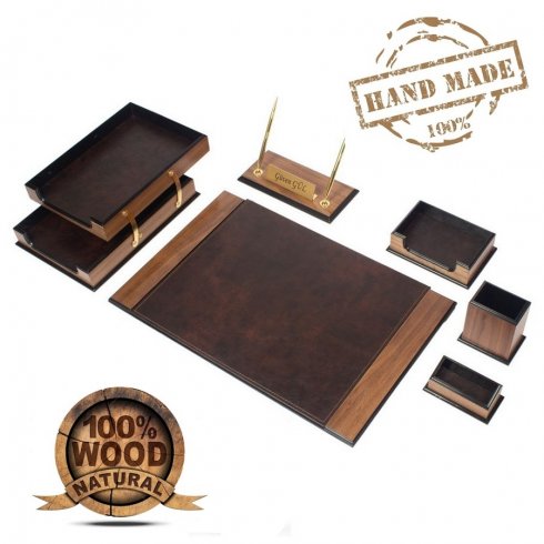 Set de bureau en cuir marron - accessoires de bureau made in France
